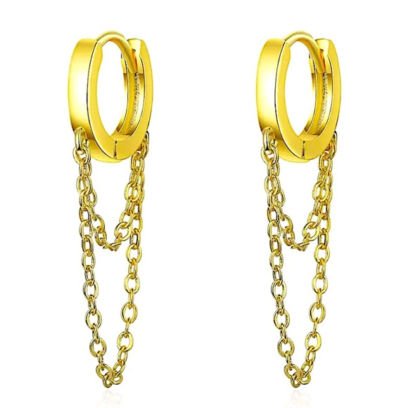 18K GOLD PLATED HOOP CHAIN DROP MINIMALIST EARRINGS - Picture 1 of 4